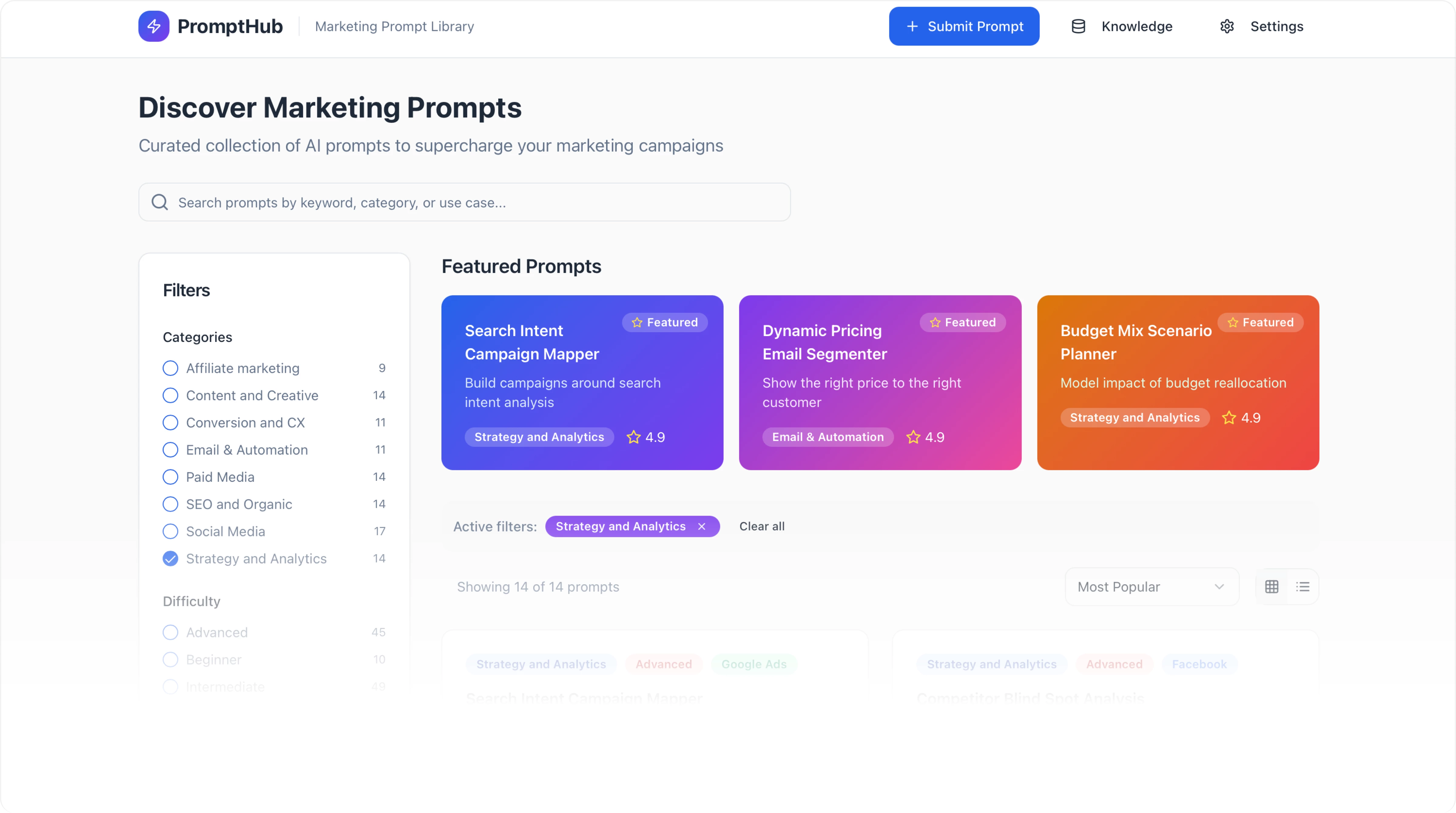 PromptHub Desktop Interface showing AI marketing command center